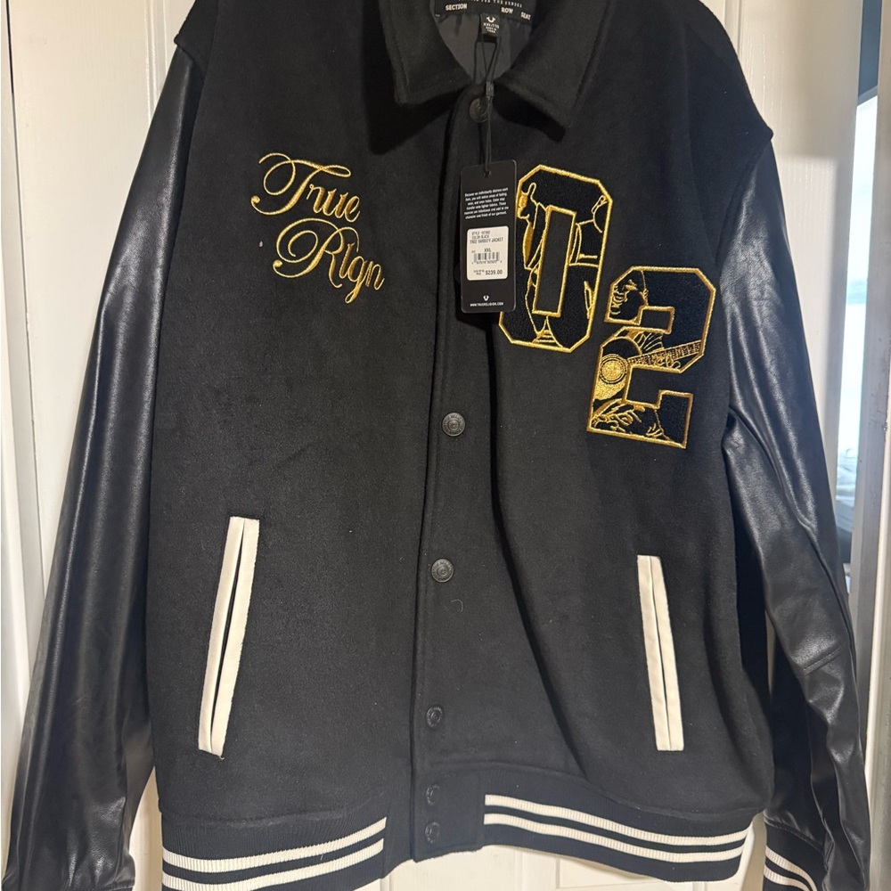 True Religion Black Varsity Jacket with Gold Accents